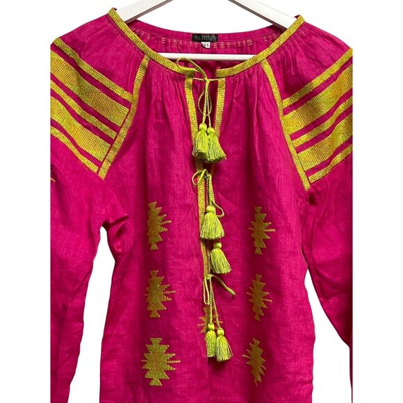 Harna‎ Blouse Womens XS-S Pink Yellow Embroidered Linen Ukraine Boho Tassel Top - Picture 3 of 13